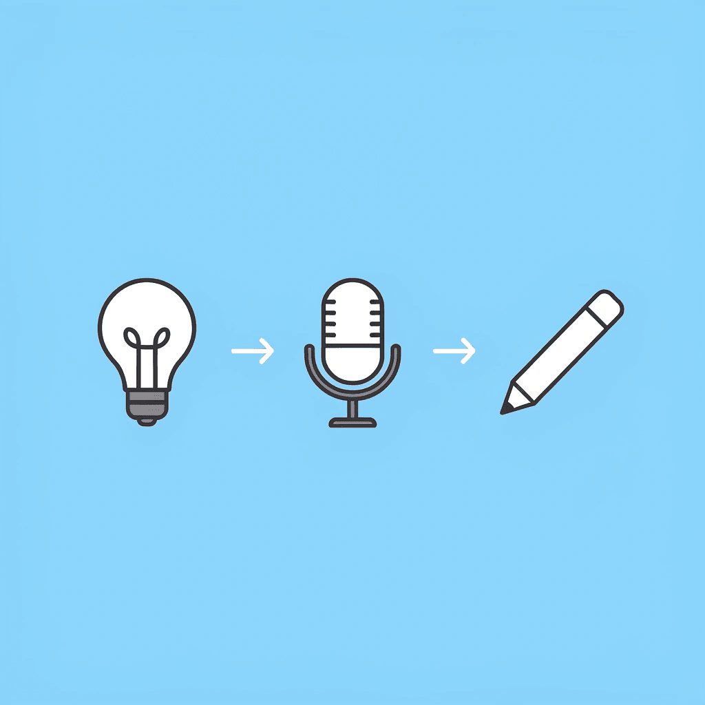 Three-step workflow showing thinking phase, recording phase, and editing phase connected by arrows