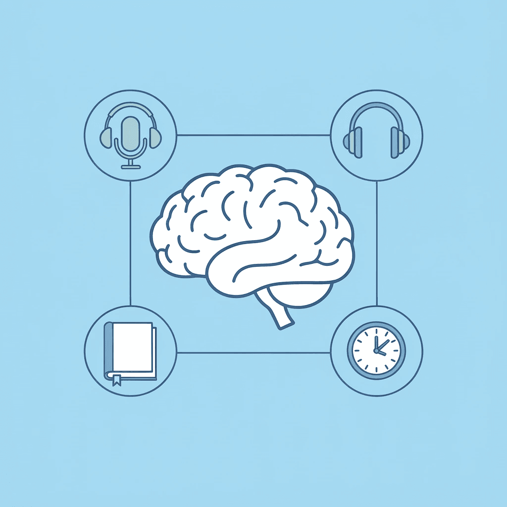 Central recording icon connected to four surrounding tasks representing the cognitive demands of simultaneous thinking, speaking, listening, and editing