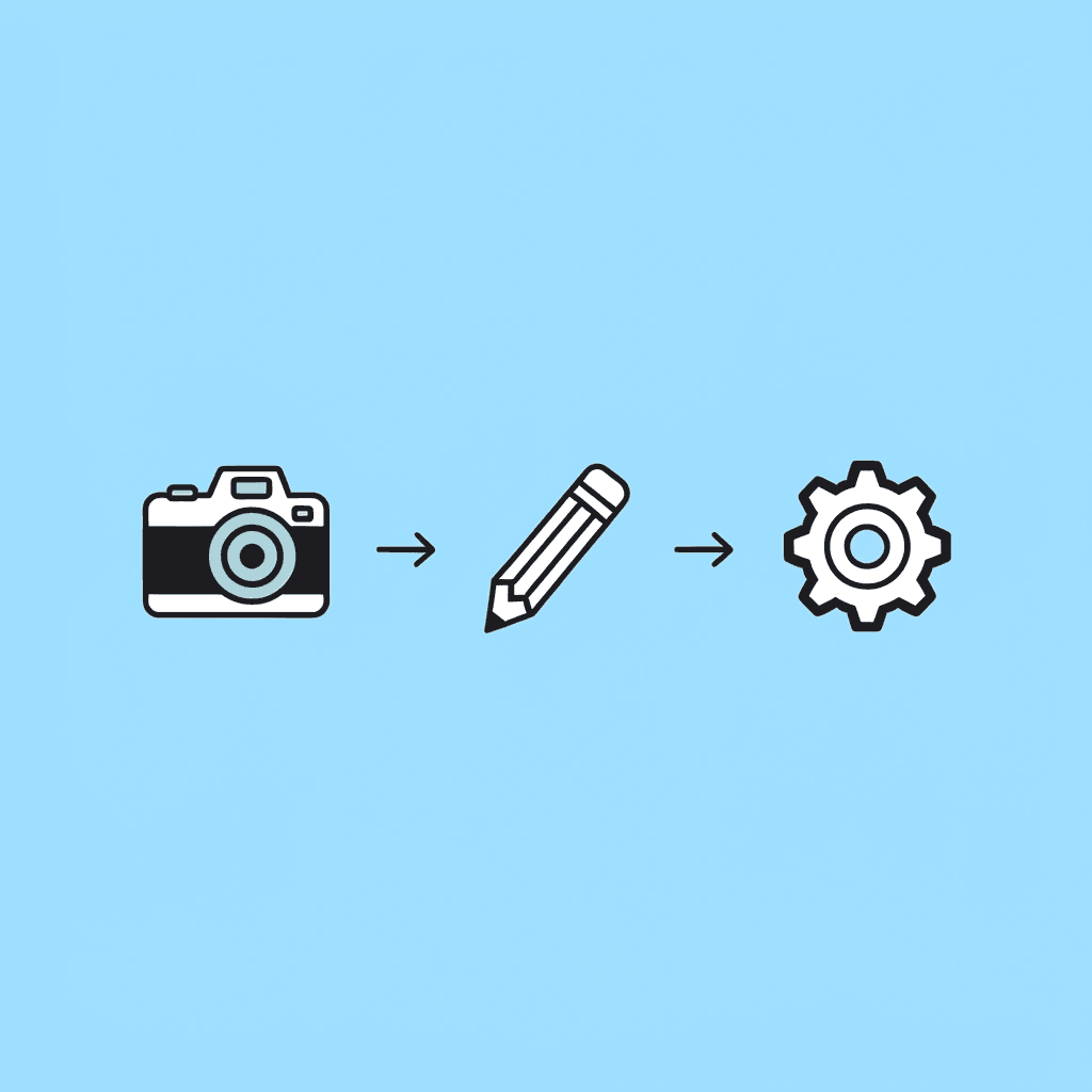 Three steps showing thinking, recording, and editing happening at the same time with arrows between them