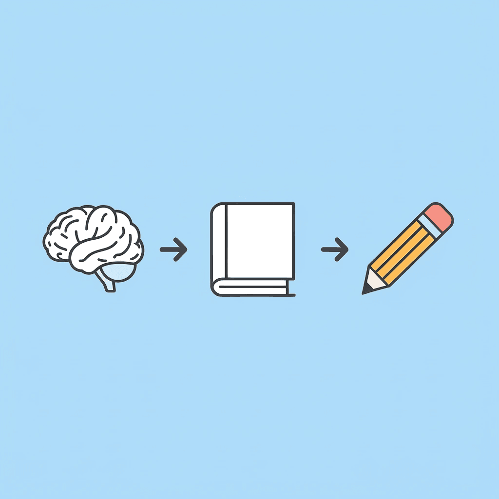 Three icons showing thinking, reading, and recording happening simultaneously with arrows between them