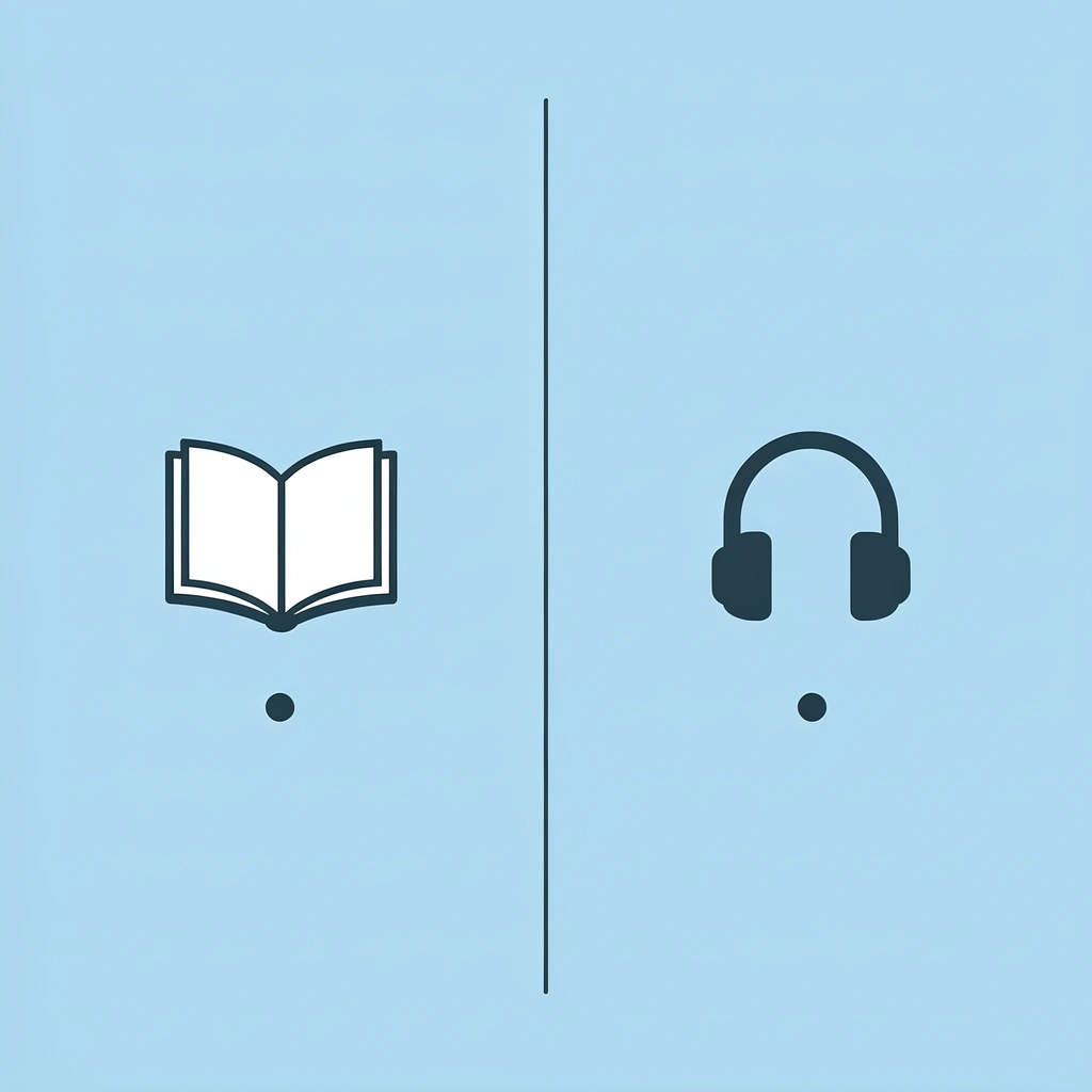 wo-column comparison: left side shows paper/document icon (reading), right side shows speaker/audio icon (listening)