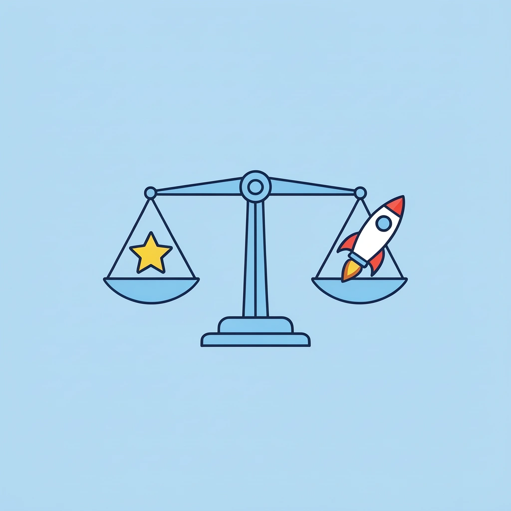 Balance scale comparing perfection on one side versus speed and volume on the other