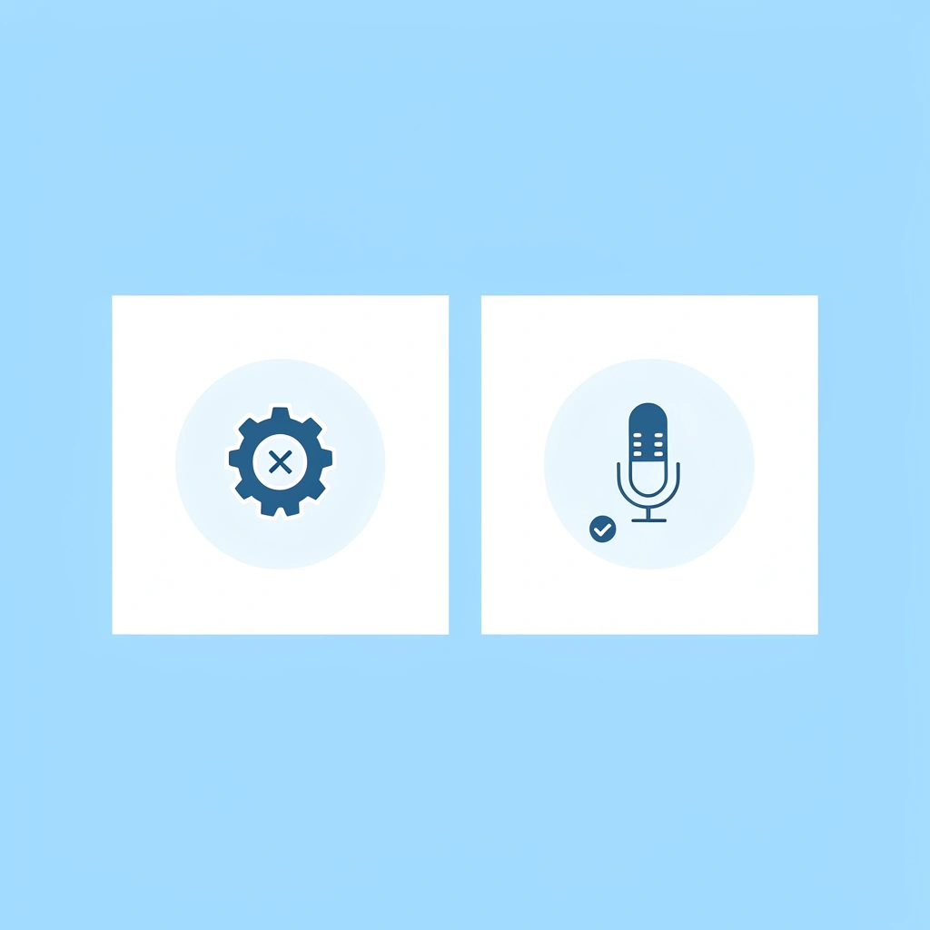 Comparison showing robotic AI voiceover on left with X mark, natural-sounding voiceover on right with checkmark