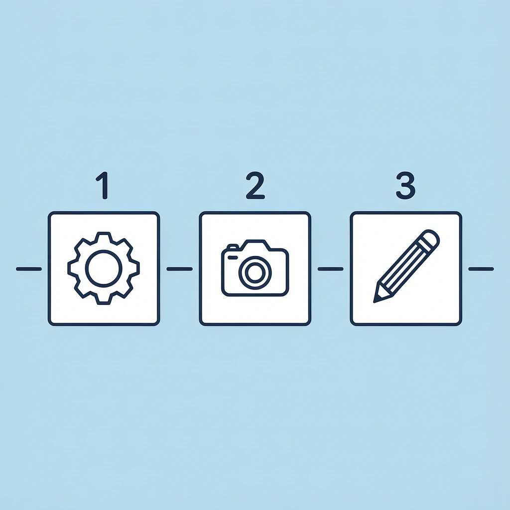 Three numbered boxes breaking down the 10-minute workflow into sequential time blocks with durations