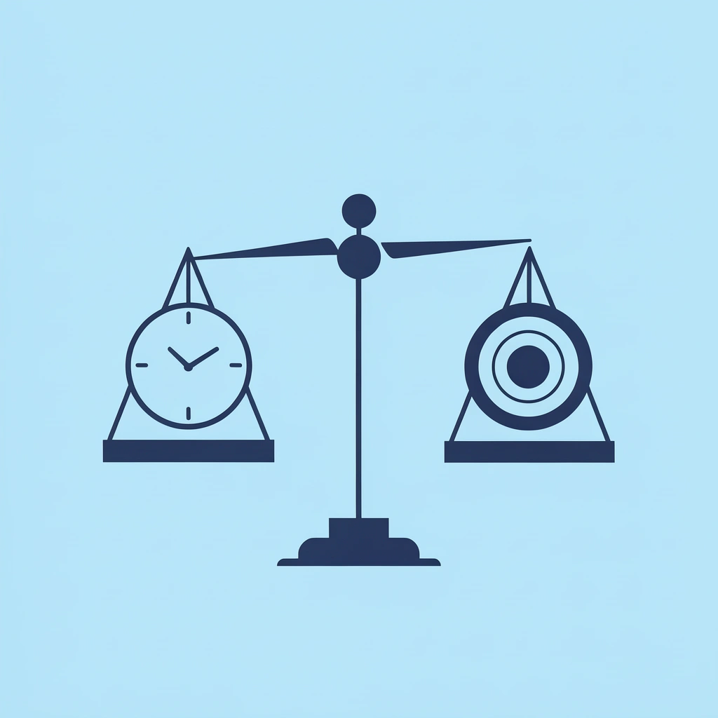 Balance scale comparing inefficient multi-tasking workflow on left versus efficient three-phase workflow on right