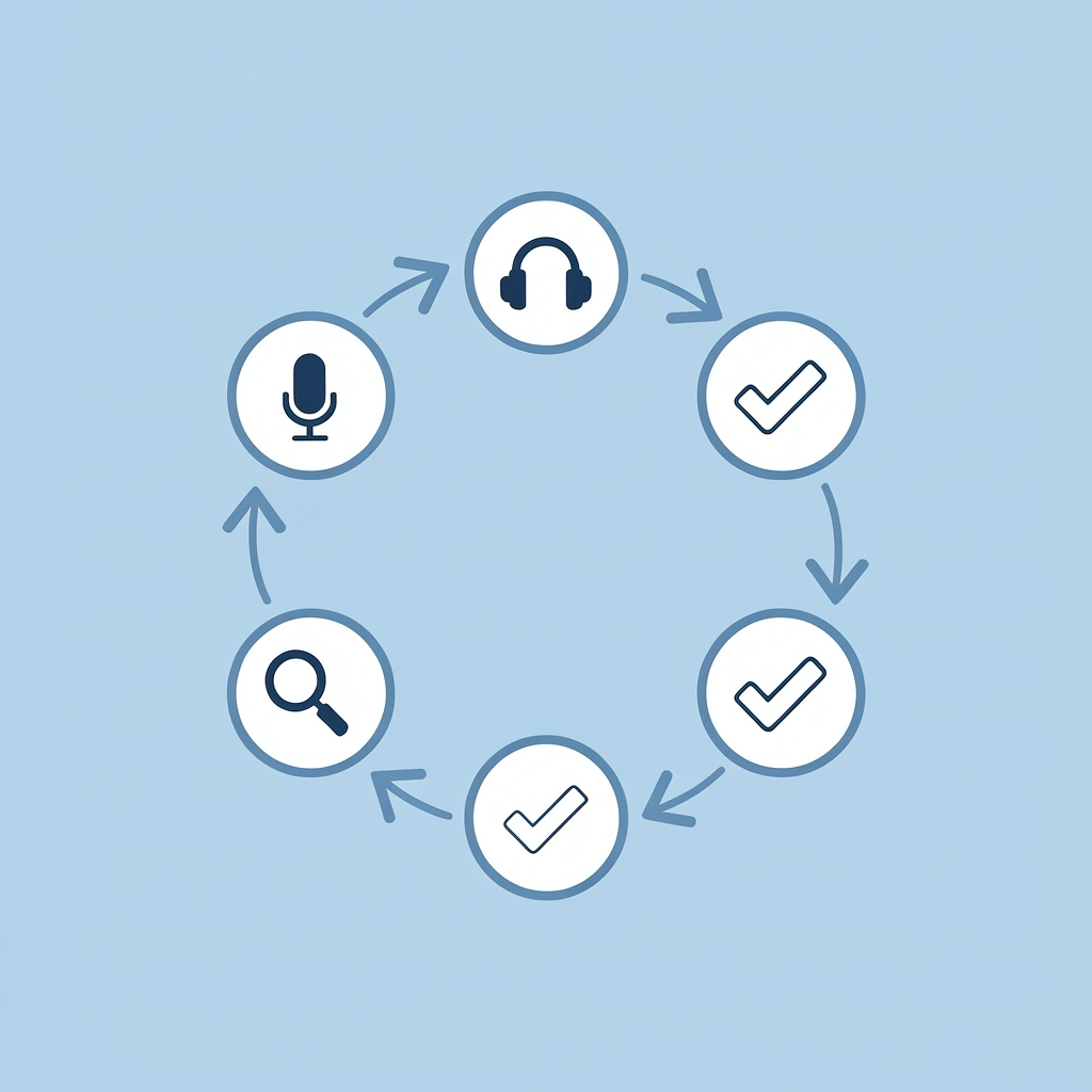 Five connected circles showing the cyclical workflow: Script Structure, Vocal Design, Quality Control, and two additional phases