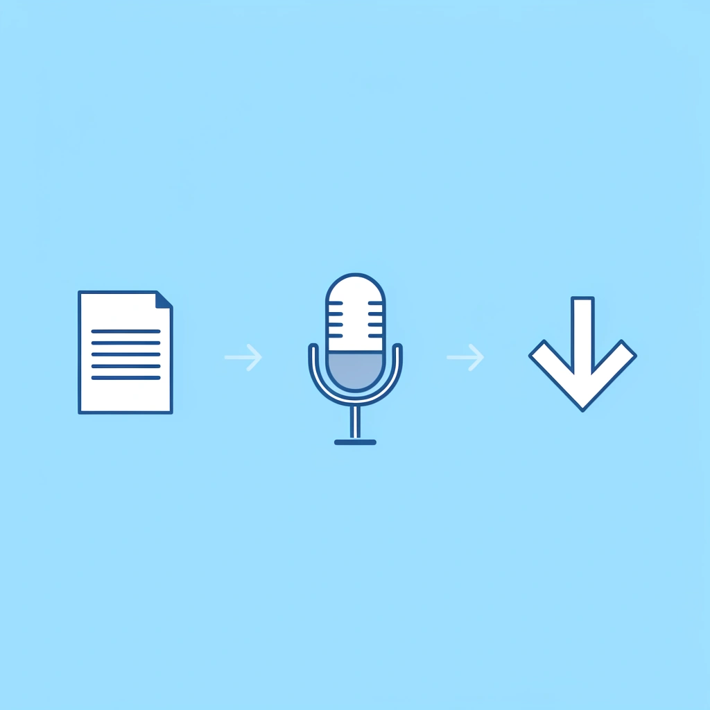 Three-step process showing: written text document, arrow to audio waveform, arrow to flat/monotonous delivery