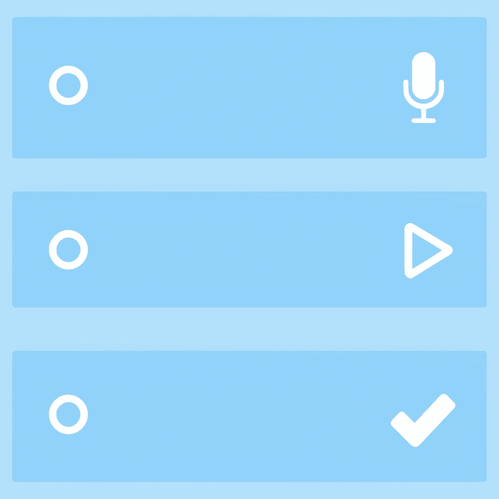 Three-step checklist showing keyboard shortcut, microphone activation, and recording start