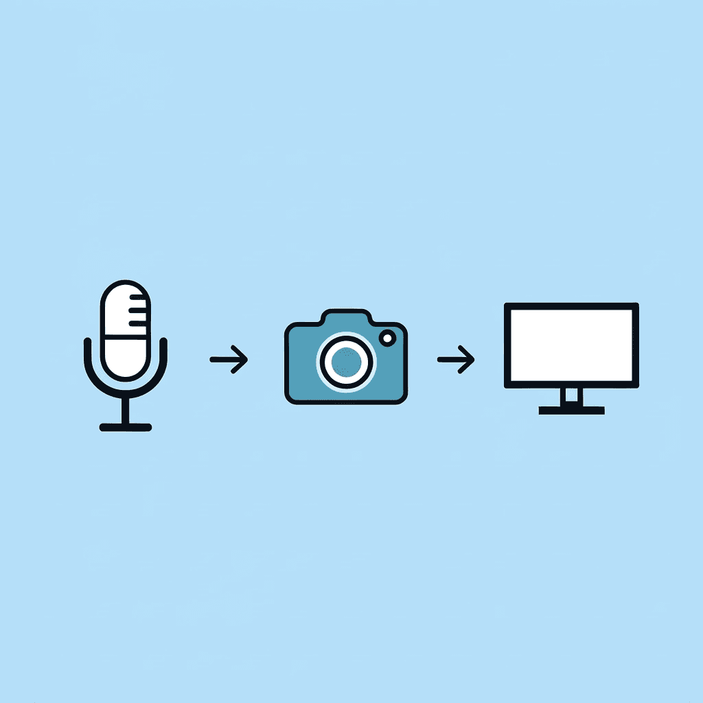 Traditional voiceover workflow showing three separate tools connected by arrows: writing script, creating audio, and importing into video editor