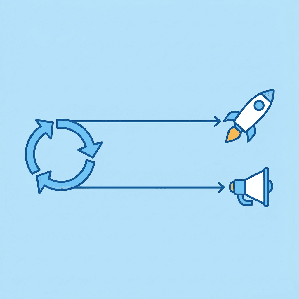 One path splits into two directions - one showing endless re-recording, one showing content creation progress
