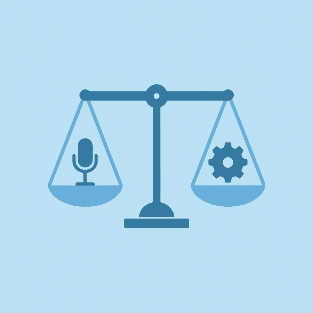 Balance scale comparing high-quality voice generation on one side with workflow integration challenges on the other