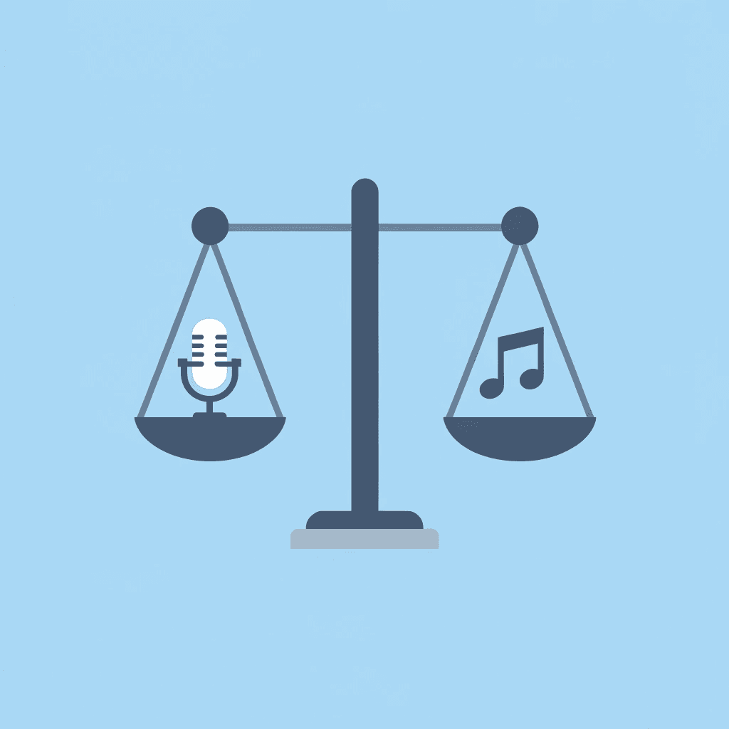 Balance scale comparing speech clarity on one side versus musical expression on the other