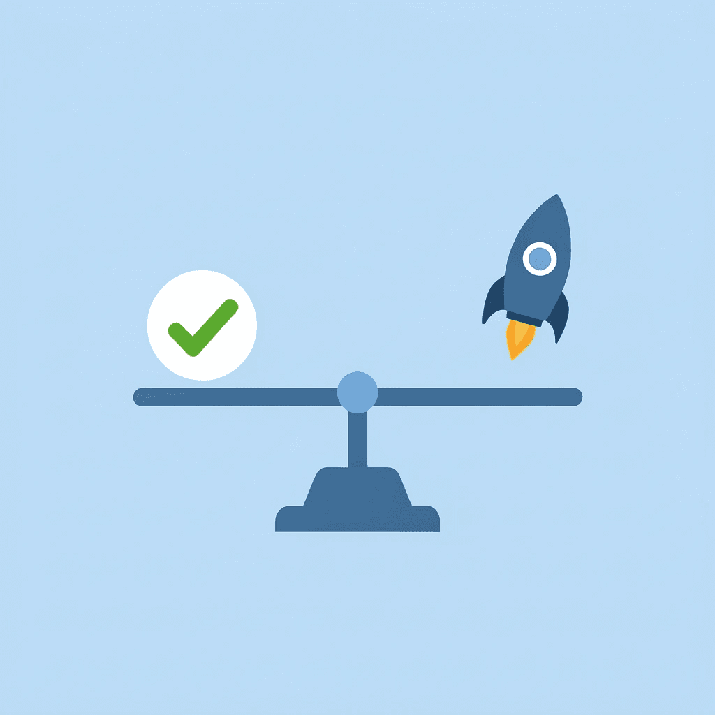 Balance scale with quality on one side and speed on the other, both equally weighted to show no trade-off
