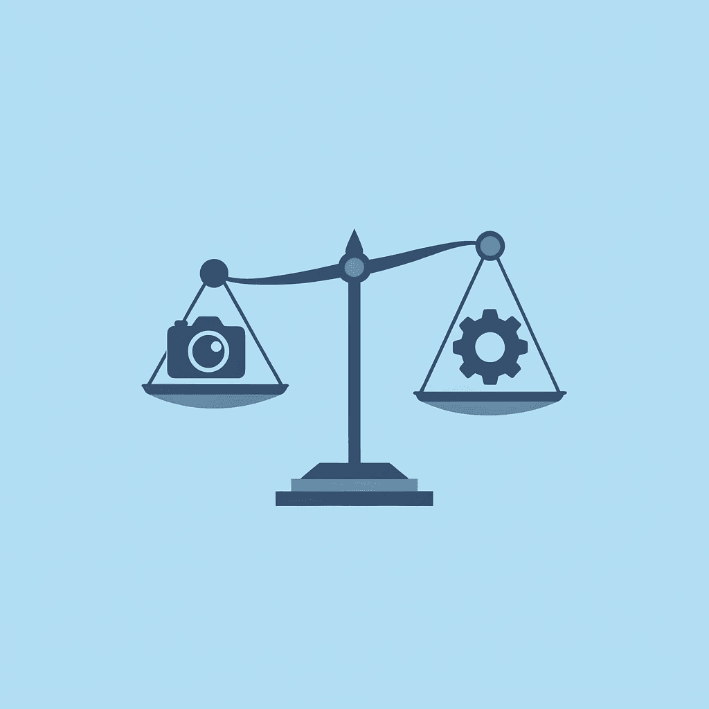  Balance scale comparing manual voiceover recording on one side versus AI-generated alternatives on the other